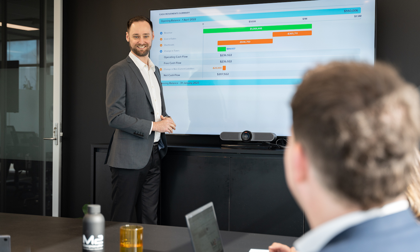 Business growth consultant showing a forecast on a screen.