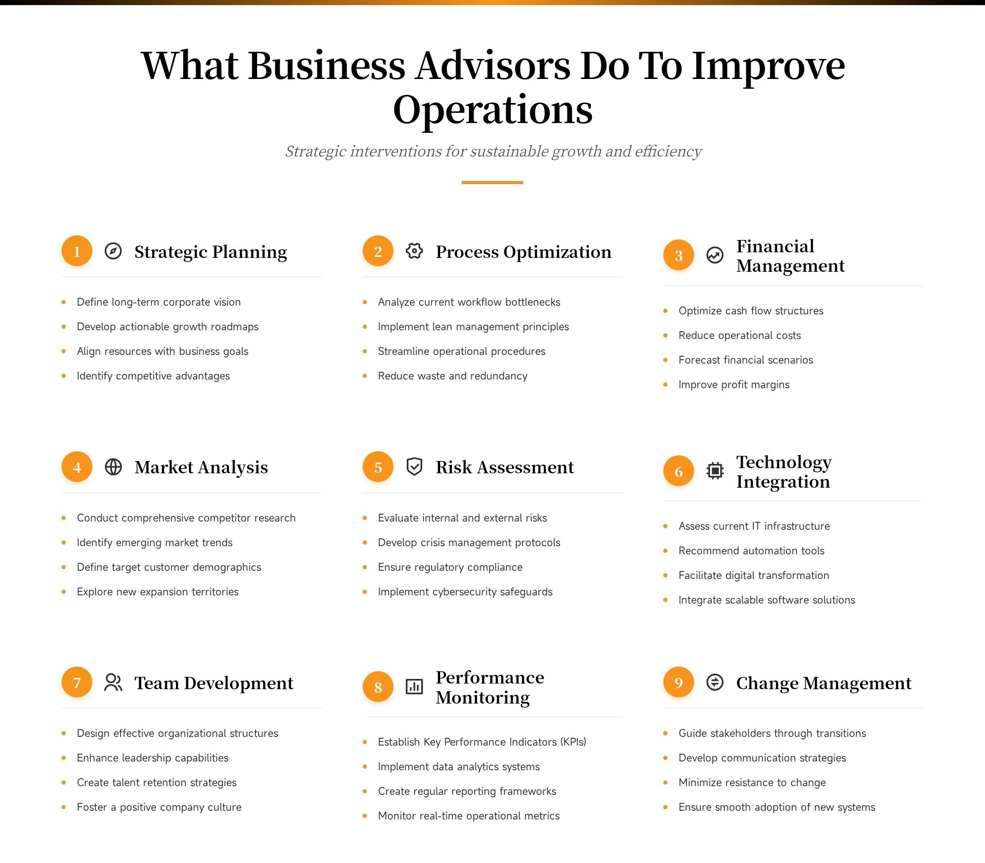 Infographic showing the 9 ways business advisors improve operations